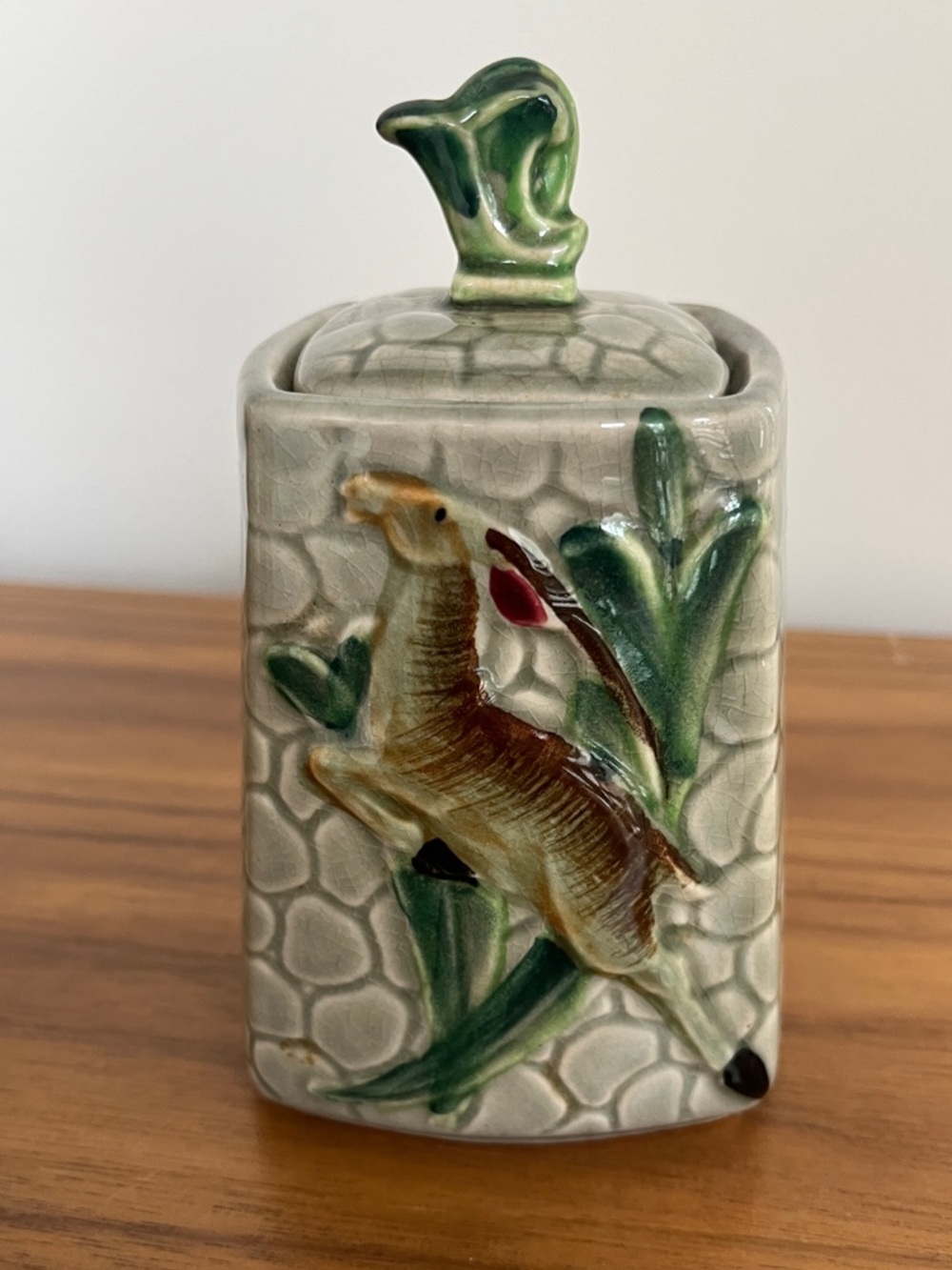 ANTIQUE L. Batlin & Son Leaping Gazelle Jam Pot Lid Majolica Art Deco Made Japan